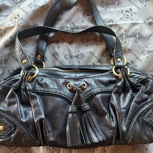 Isabella Fiore Black Leather Shoulder Bag with Tassels
